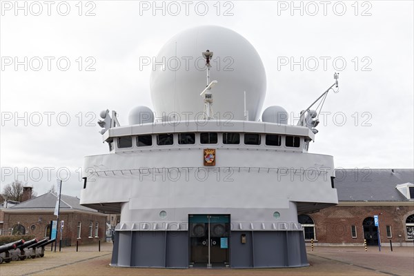 Command bridge and radar dome Guided missile frigate Hr. Ms. De Ruyter, former warship of the Dutch Navy, Naval Museum, Den Helder, Province of North Holland, Netherlands