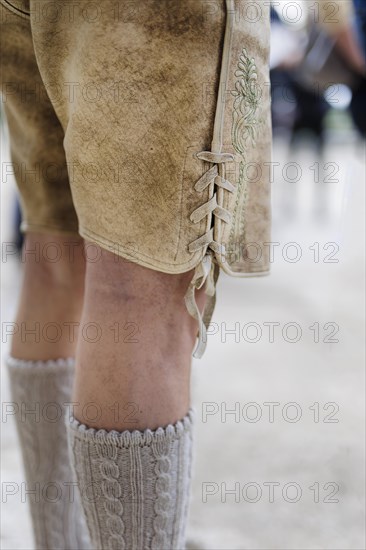 Traditional Bavarian Lederhosen and Zopfstruempfe., Holzkirchen, Germany, Europe