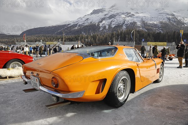 Bizzarrini 5300 GT Strada on the frozen lake, built 1968, The ICE, St. Moritz, Engadin, Switzerland, Europe