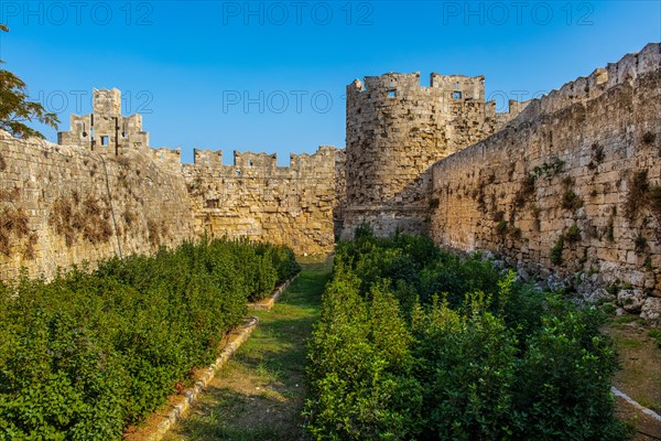 Eleftherias Gate at the harbour, city wall up to 12 metres thick with gates encloses the entire old town, Rhodes Town, Greece, Europe