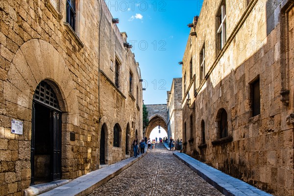 Gate to the Spanish Hostel, Knights Street in Old Town from the time of the Order of St. John, the only surviving 16th century street in the late Gothic style, Oddos Ippoton, Rhodes Town, Greece, Europe