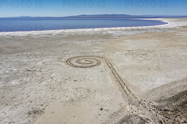 Promontory, Utah, The Spiral Jetty, an earthwork sculpture created by Robert Smithson in 1970 in Great Salt Lake. The sculpture was underwater for 30 years but is now on dry land due to the historic drought affecting the western United States