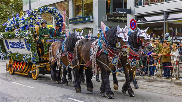 Festival procession, entry of the Wiesnwirte, Loewenbraeu brewery float loaded with barrels, Oktoberfest, Munich, Upper Bavaria, Bavaria, Germany, Europe