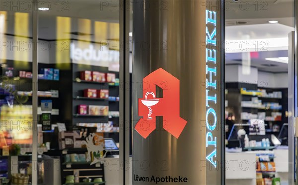 Pharmacy, red pharmacy A as identification sign for public pharmacies, Hanover, Lower Saxony, Germany, Europe