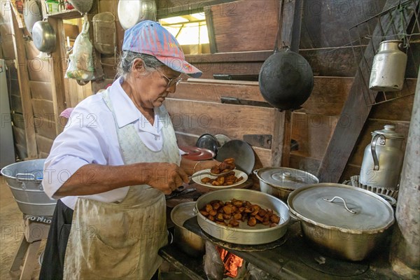 Muelle San Carlos, Costa Rica, A woman cooks over a wood-burning store in a rural farmhouse, Central America