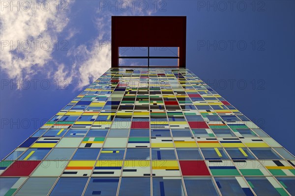 View from the colourful facade of the Colorium to the technical floor, Media Harbour, Duesseldorf, North Rhine-Westphalia, Germany, Europe