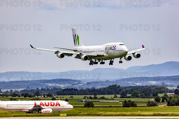 Boeing 747-400 cargo aircraft on approach, airport, Stuttgart, Baden-Wuerttemberg, Germany, Europe