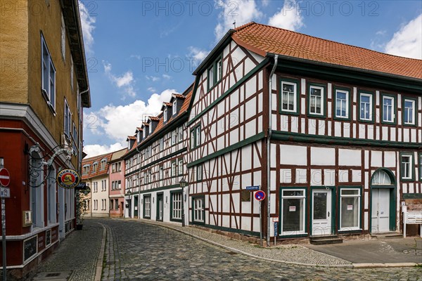 Historic old town, medieval alleys, cobblestones, half-timbered houses, Nordhausen, Thuringia, Germany, Europe