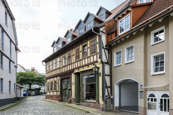 Historic old town, medieval alleys, cobblestones, half-timbered houses, Nordhausen, Thuringia, Germany, Europe