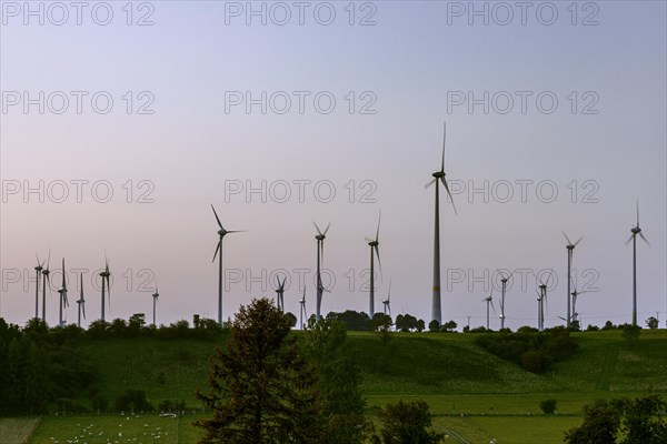 Wind turbines, wind wheel, wind turbines, wind farm in East Westphalia, fields, agriculture, evening, night shot, Lichtenau