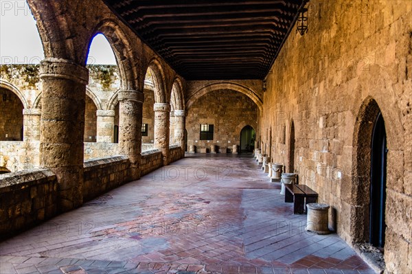 Two-storey building with a large courtyard and surrounding arcade, Archaeological Museum in the former Order Hospital of the Knights of St John, 15th century, Old Town, Rhodes Town, Greece, Europe