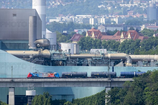 Waste-to-energy plant Muenster with goods train, locomotive of the railway company RheinCargo, Bad Cannstatt, Stuttgart, Baden-Wuerttemberg, Germany, Europe