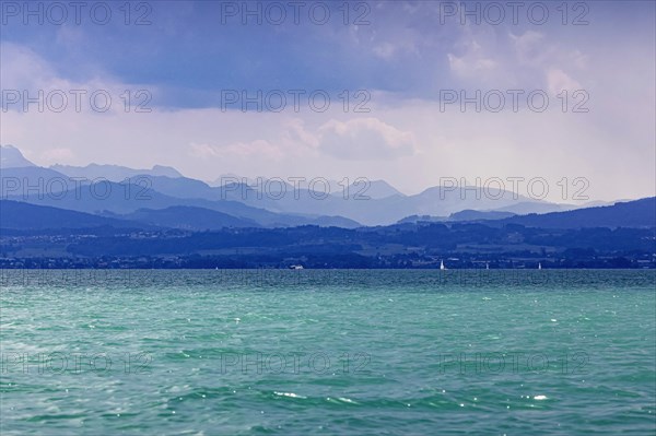 View from Lake Constance to the Swiss shore, Immenstaad, Baden-Wuerttemberg, Germany, Europe