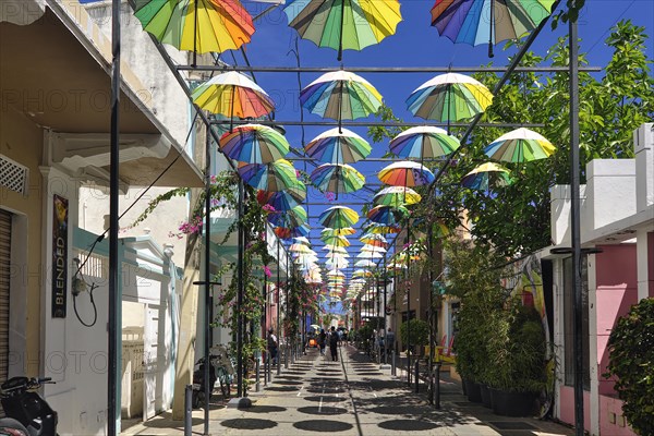 Umbrella Street in Centro Historico, Old Town of Puerto Plata, Dominican Republic, Caribbean, Central America