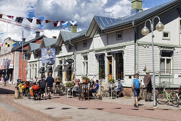 Pedestrian zone with cafe in summer, tourists, Mariehamn, Aland Islands, Aland, Finland, Europe