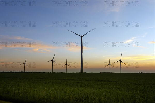 Wind farm in fields near Neuss after sunset