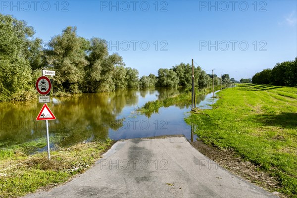 Flooding after heavy rain in North Rhine-Westphalia, nature reserve on the Grietherort and Bienener Altrhein, road flooded, flooding, alluvial deposits, Rees, North Rhine-Westphalia, Germany, Europe