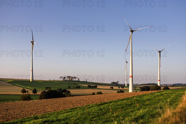 Wind turbines, wind farm in East Westphalia, fields, agriculture, Lichtenau
