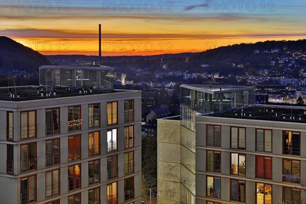 Atmospheric view of the Burse student dormitory from the university at sunset, Wuppertal, North Rhine-Westphalia, Germany, Europe