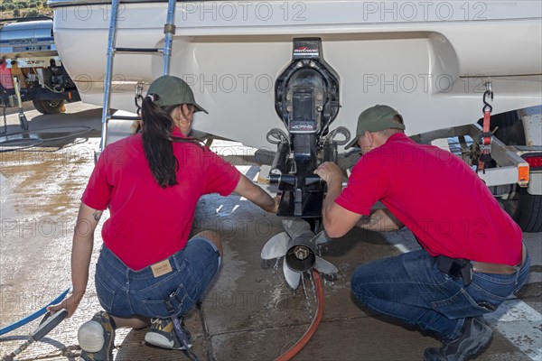 Evanston, Wyoming, Employees of the Wyoming Game & Fish Department inspect and decontaminate watercraft at a mandatory inspection station along the Utah border. The intent is to keep invasive aquatic species, including zebra mussels and quagga mussels, out of the states waters