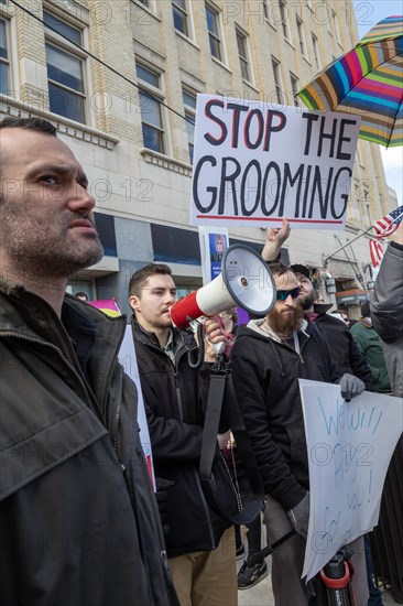 Royal Oak, Michigan USA, 11 March 2023, A small group of conservative Republicans protesting the Sidetrack Bookshops Drag Queen Story Hour were outnumbered by many hundreds of counter-protesters supporting the LGBTQ community