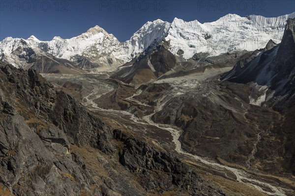 Glacial landscape of the upper Imja Khola Valley seen from the Nangkartshang Peak