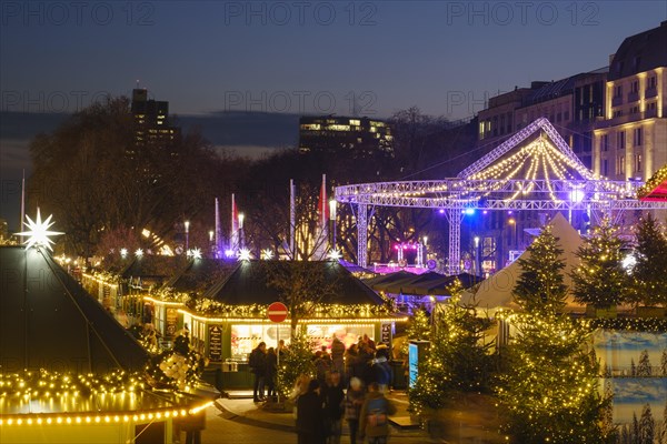 Christmas Market at the Koe-Bogen and Koenigsallee, Blue Hour, Duesseldorf, North Rhine-Westphalia, Germany, Europe