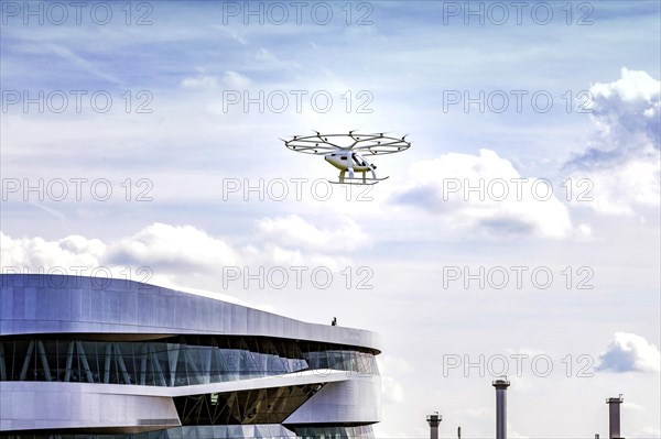 Flight taxi at the Mercedes Museum, first flight of a Velocopter over a major European city, autonomous aircraft without passenger and without pilot, Stuttgart, Baden-Wuerttemberg, Germany, Europe