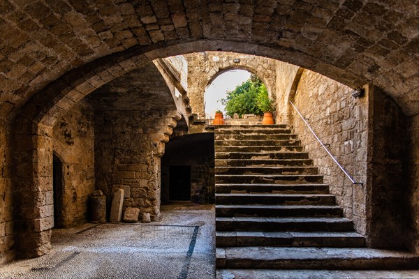 Hostel of the Spaniards, Knights Street in Old Town from the time of the Order of St. John, the only surviving 16th century street in late Gothic style, Oddos Ippoton, Rhodes Town, Greece, Europe