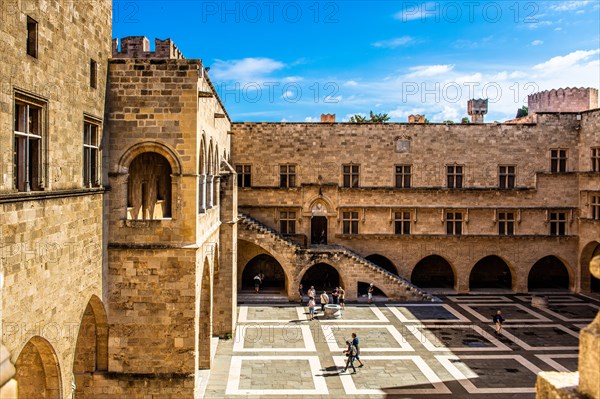 Inner courtyard surrounded by arcades with statues from Hellenistic and Roman times, Grand Masters Palace built in the 14th century by the Johnnite Order, fortress and palace for the Grand Master, UNESCO World Heritage Site, Old Town, Rhodes Town, Greece, Europe