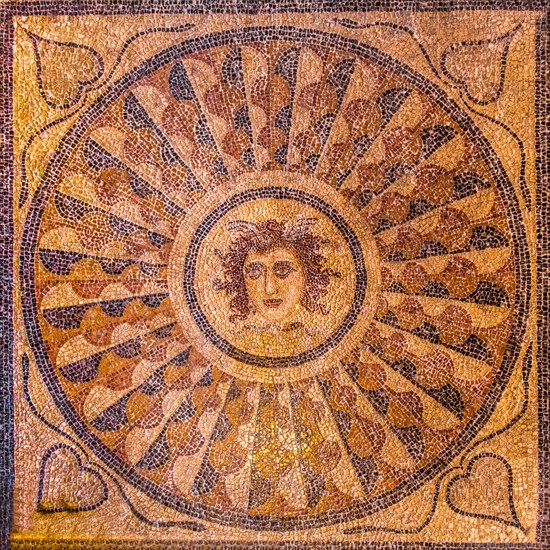 Mosaic floor with head of Medusa from Kos, 3rd century, Grand Masters Palace built in the 14th century by the Johnnite Order, fortress and palace for the Grand Master, UNESCO World Heritage Site, Old Town, Rhodes Town, Greece, Europe