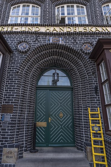 Entrance portal of the present Chamber of Commerce and Industry, built in 1548, Lueneburg, Lower Saxony, Germany, Europe