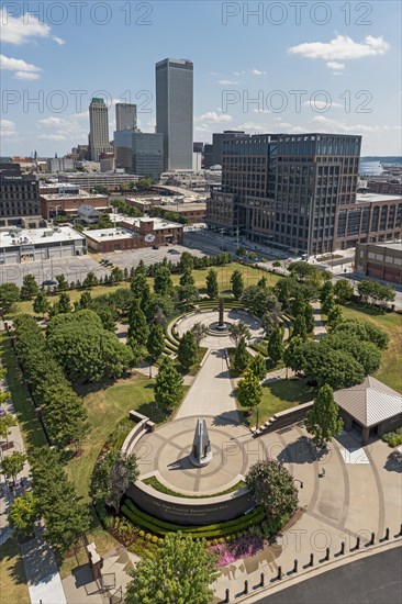 Tulsa, Oklahoma, The John Hope Franklin Reconciliation Park, a memorial based on the 1921 race massacre in which many African-Americans were murdered and the Greenwood District burned to the ground