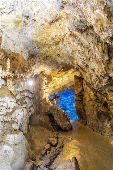 Baerenhoehle, with around 8, 000 visitors a year, the dripstone cave is the most visited show cave in the Swabian Alb, Sonnenbuehl, Baden-Wuerttemberg, Germany, Europe