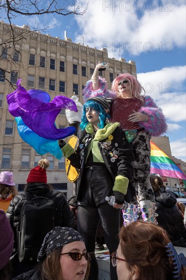 Royal Oak, Michigan USA, 11 March 2023, A small group of conservative Republicans protesting the Sidetrack Bookshops Drag Queen Story Hour were outnumbered by many hundreds of counter-protesters supporting the LGBTQ community