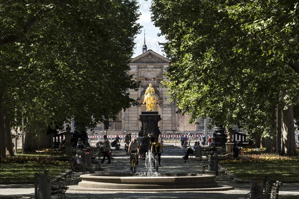 Golden Rider, August the Strong as a golden equestrian statue at the end of the main street on Neustaedter Markt, Dresden, Saxony, Germany, Europe