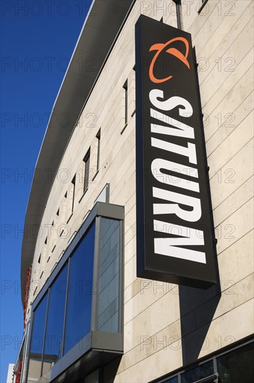 Facade with sign and logo, SATURN, consumer electronics store, Hagen, North Rhine-Westphalia, Germany, Europe