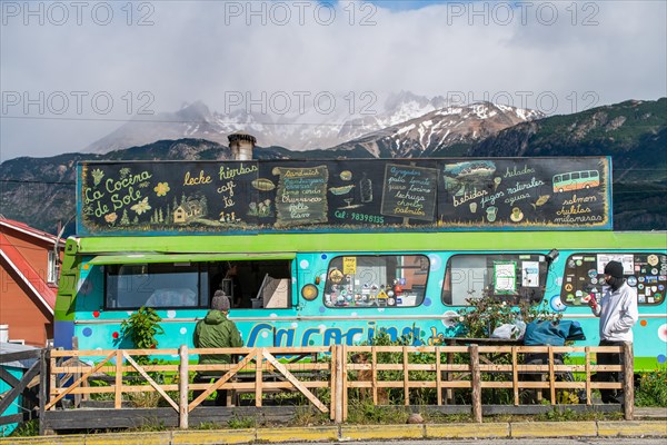 Food Truck La Cocina de Sole in an old bus, Villa Cerro Castillo village, Cerro Castillo National Park, Aysen, Patagonia, Chile, South America