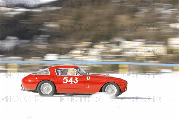 Ferrari 250 MM on the frozen lake, built in 1953, The ICE, St. Moritz, Engadin, Switzerland, Europe