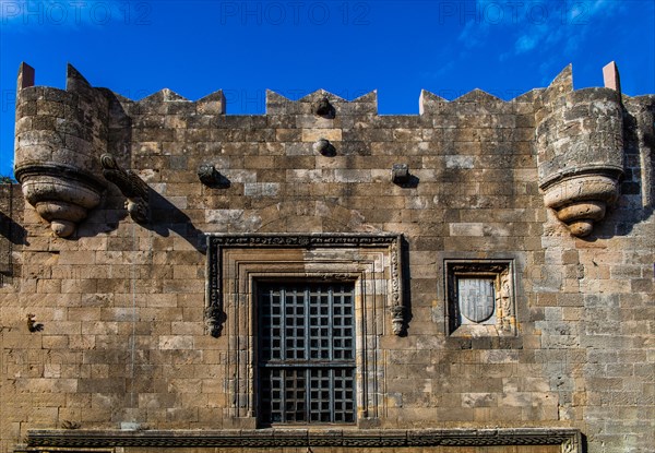 Front of French hostel, Knights Street in Old Town from the time of the Order of St. John, only surviving 16th century street in late Gothic style, Oddos Ippoton, Rhodes Town, Greece, Europe