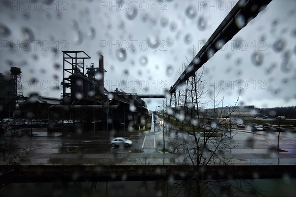 Decommissioned industrial plant Phoenix West with blast furnace 5 in the rain, Hoerde, Dortmund, Ruhr area, North Rhine-Westphalia, Germany, Europe