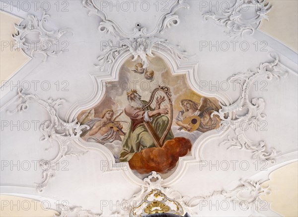 Ceiling painting in the Catholic parish church of St. Peter and Paul, former collegiate church, Romanesque columned basilica, Unesco World Heritage Site, Niederzell on the island of Reichenau in Lake Constance, Constance district, Baden-Wuerttemberg, Germany, Europe