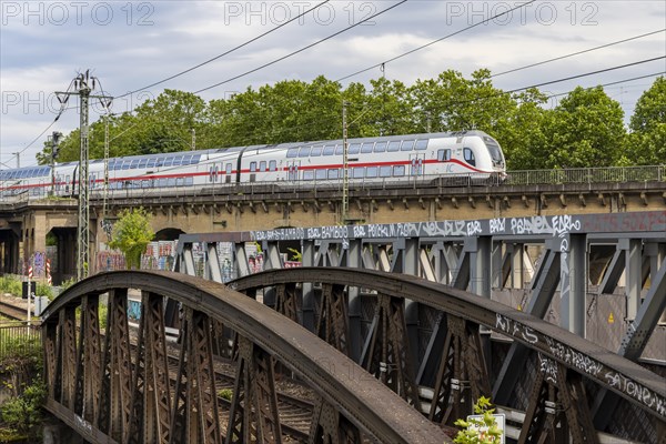 InterCity IC of Deutsche Bahn AG to Zurich on the Gaeubahn, double-decker train on viaduct at Nordbahnhof Stuttgart, Baden-Wuerttemberg, Germany, Europe