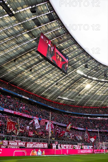 South curve, fan block, fans, fan curve, flags, atmosphere, atmospheric, FC Bayern Munich FCB, Allianz Arena, Munich, Bavaria, Germany, Europe