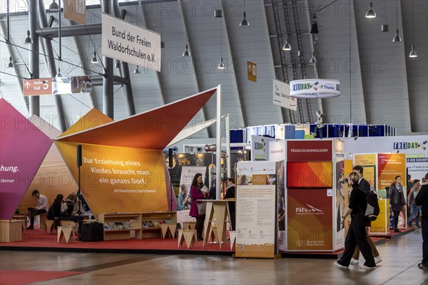 Free Waldorf Schools trade fair stand. The trade fair Didacta is Europes largest education trade fair, target groups are teachers and trainers at kindergartens, schools and universities. Stuttgart, Baden-Wuerttemberg, Germany, Europe