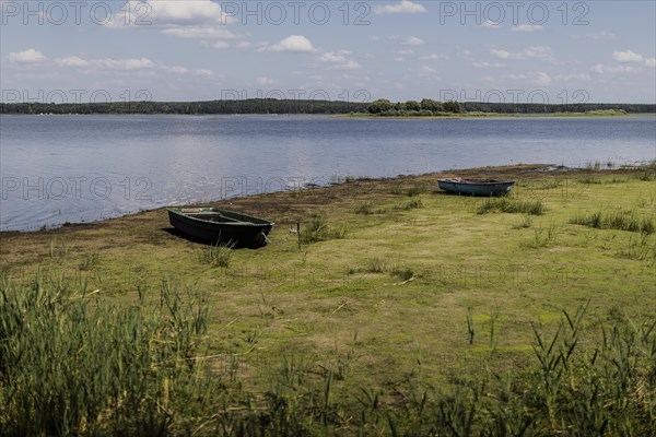 Boats lie at low water level at a dried up river bank near Waldhufen, Due to persistent heat and lack of precipitation many waters in Saxony are dried up or carry little water., Waldhufen, Germany, Europe