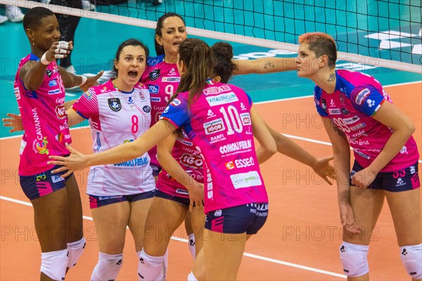 Igor Gorgonzola Novara players cheer after winning a point