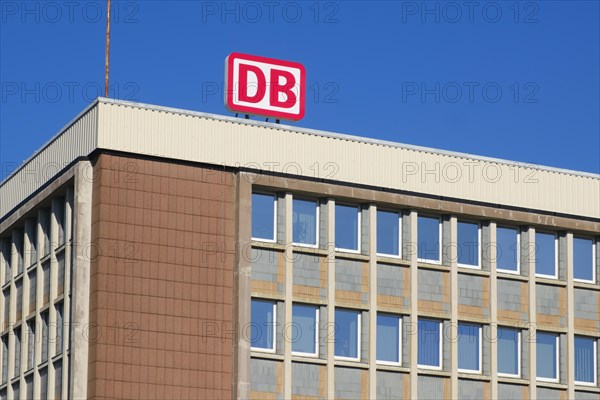 Business building with sign and logo DB, Deutsche Bahn, Hagen, North Rhine-Westphalia, Germany, Europe