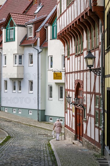 Historic old town, medieval alleys, cobblestones, half-timbered houses, Nordhausen, Thuringia, Germany, Europe