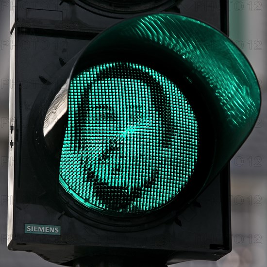 Green Engels traffic light at the Engels House, the birthplace of Friedrich Engels, historic centre, Wuppertal, North Rhine-Westphalia, Germany, Europe